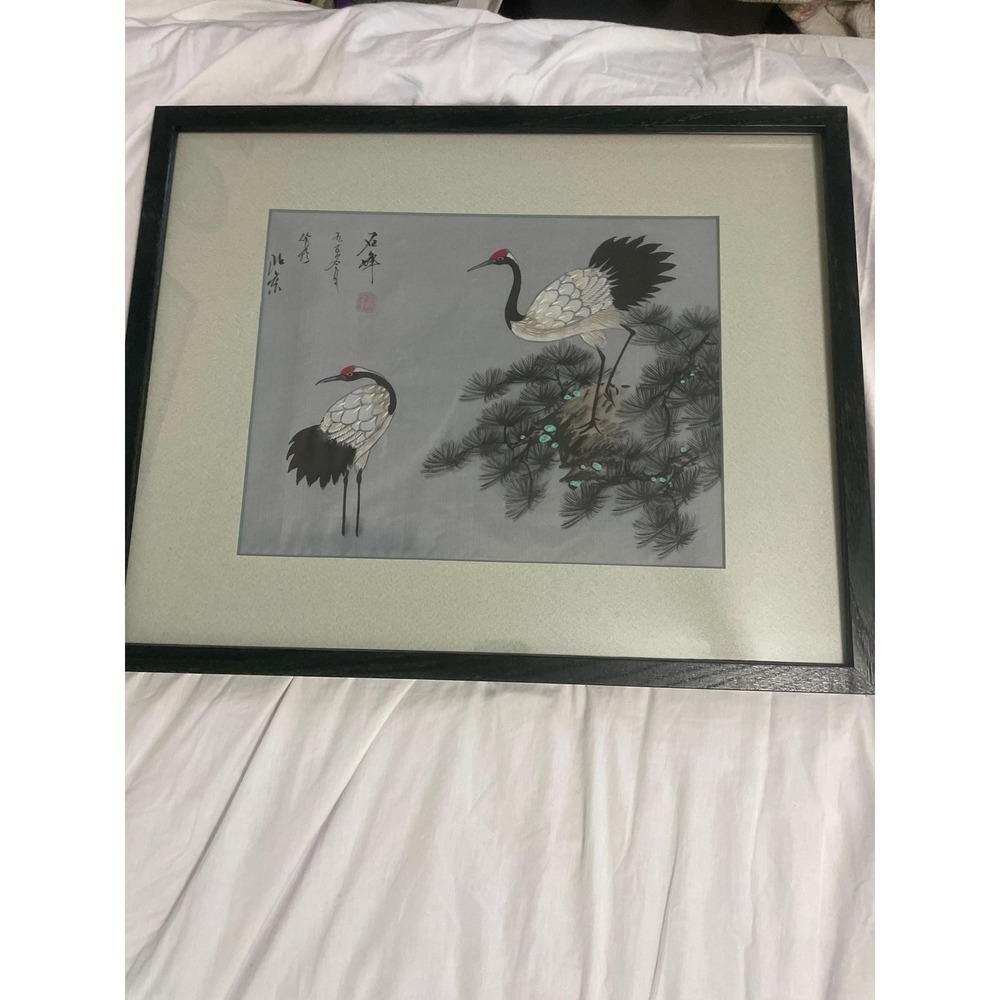 Vintage Japanese Handmade Silk Embroidery Wall Art Framed 2 Birds